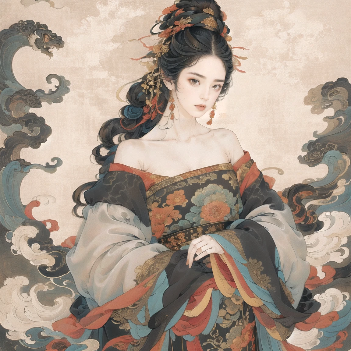 guofeng,Illustrated,black eyes,long hair,multiple colors,high definition,Rich in intricate details,8K,illustration,crazy colors,off shoulder, 1girl,chinese