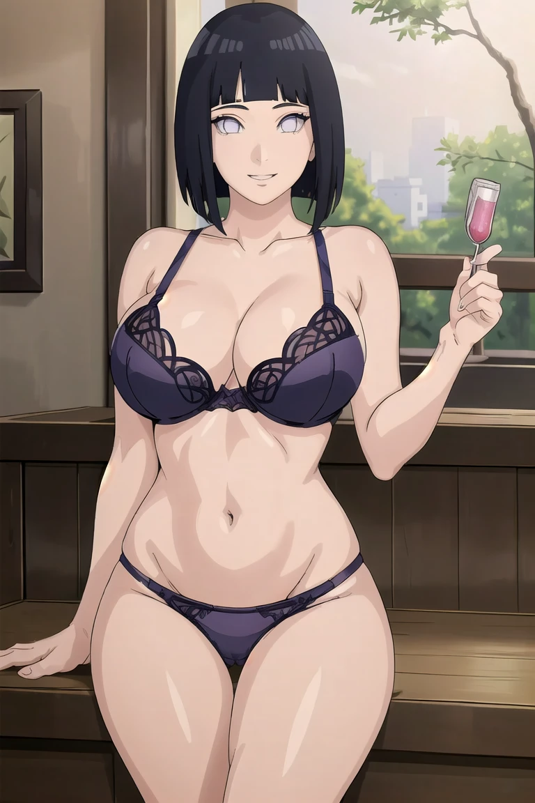 hinata hyuga, (8k, RAW photo, best quality, masterpiece:1.2), (intricate details), perfect eyes, perfect face, perfect lighting, beautiful, (masterpiece:1.2), (best quality:1.2), 1girl, , victoria secret model bra and panties, smile , big breasts , wide hips , milf , 