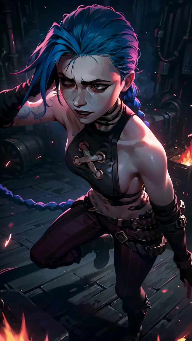 (masterpiece, Best quality), 1 girl, portrait, very sexy, crazy look, smile, crying, pink tears, tears on the cheeks, tears from eyes, full length (full body 1.1.), очень feminine, fighting stance, battle, fire, explosions, burning city, Beautiful waist, gloomy composition, flame, fire, Flash, very beautiful, feminine, long hair, hair braided in long braids, very sexy, tight leather pants, emphasis on the eyes, emphasis on the face, Beautiful face, Hands, Hair, Haired ponytail, red purple eyes, Джинкс crying, Blue cloud tattoo, (masterpiece, Best quality), Side lighting, beautiful detailed eyes, crazy face), (Best quality), (masterpiece), magic photography, Spectacular lighting, Photorealism, ultra detailed, интимная portraitная композиция, 1. 4,8 k UHD, aesthetic, Cd., A high resolution, 8 k, better lighting, Best shade, Ultra-HD, A high resolution, sharp focus, Complex background, Cinematic lighting, ((Landscape view)), 4K block, (better lighting), ((Cinematic lighting)),