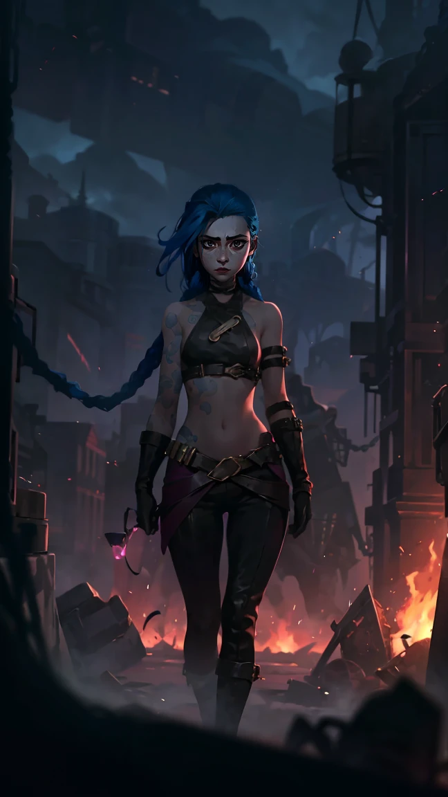 (masterpiece, Best quality), 1 girl, portrait, very sexy, crazy look, smile, crying, pink tears, tears on the cheeks, tears from eyes, full length (full body 1.1.), очень feminine, fighting stance, battle, fire, explosions, burning city, Beautiful waist, gloomy composition, flame, fire, Flash, very beautiful, feminine, long hair, hair braided in long braids, very sexy, tight leather pants, emphasis on the eyes, emphasis on the face, Beautiful face, Hands, Hair, Haired ponytail, red purple eyes, Джинкс crying, Blue cloud tattoo, (masterpiece, Best quality), Side lighting, beautiful detailed eyes, crazy face), (Best quality), (masterpiece), magic photography, Spectacular lighting, Photorealism, ultra detailed, интимная portraitная композиция, 1. 4,8 k UHD, aesthetic, Cd., A high resolution, 8 k, better lighting, Best shade, Ultra-HD, A high resolution, sharp focus, Complex background, Cinematic lighting, ((Landscape view)), 4K block, (better lighting), ((Cinematic lighting)),