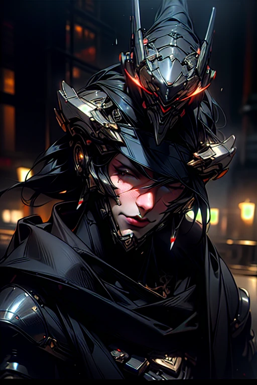 a highly detailed portrait of a male assassin, futuristic full-face helmet, glowing visor, sleek cyberpunk-style armor, dark moody atmosphere, dramatic lighting, cinematic composition, hyper-realistic, dark gritty, moody dramatic, dystopian neo-noir, intricate details, intricate design, mechanical industrial, advanced technology, complex patterns, (best quality,4k,8k,highres,masterpiece:1.2),ultra-detailed,(realistic,photorealistic,photo-realistic:1.37)