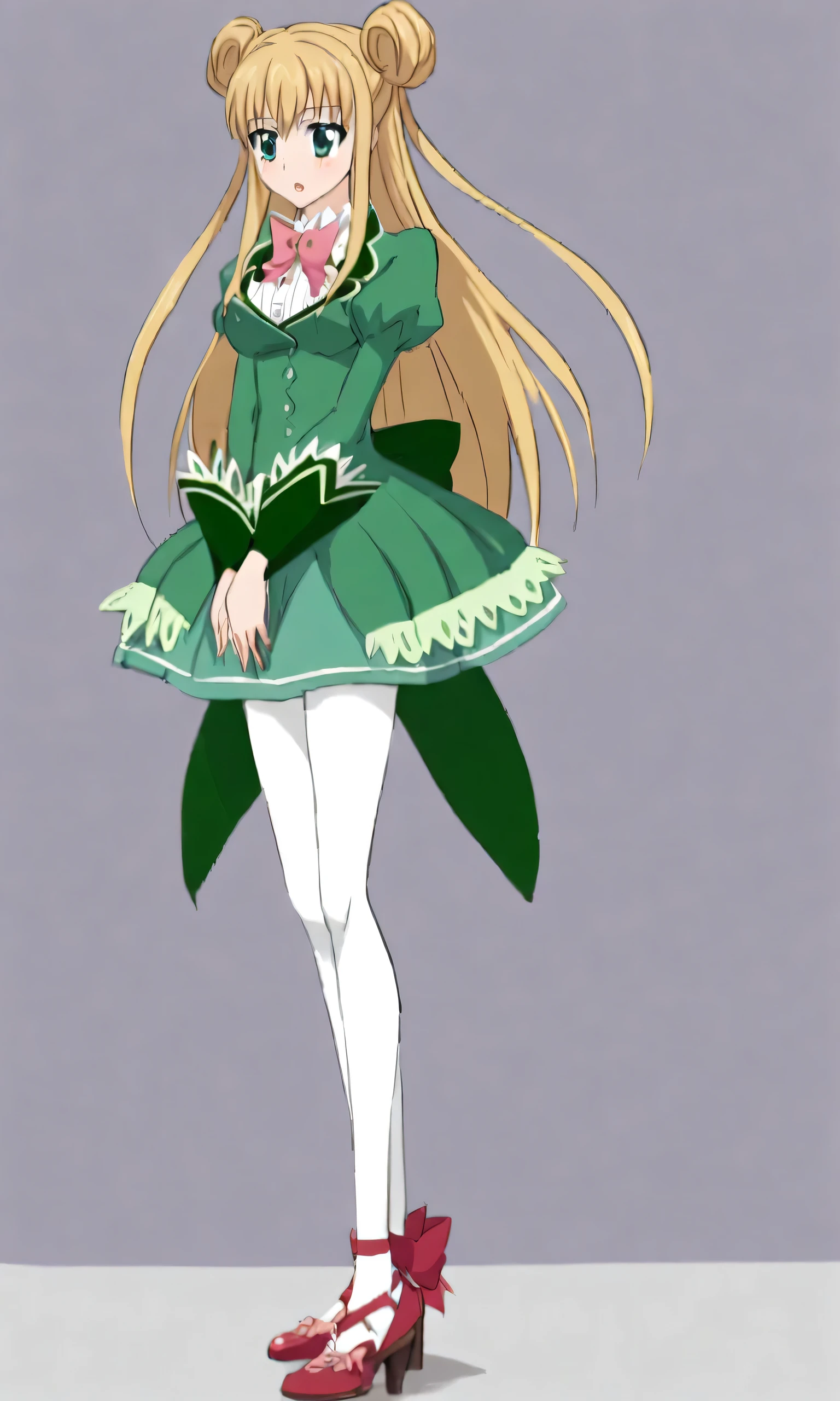 1girl, standing, from before Cecilia, blonde hair, tailbone length hair, green dress,  two buns, white pantyhose, red slippers，long legs，hand between legs，puffy nipples