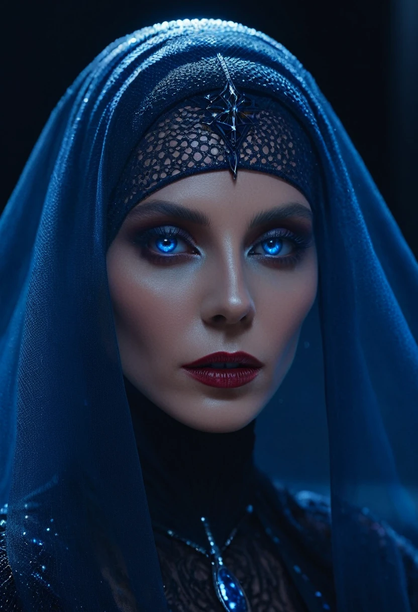 Fashionable portrait of androgynous alien looking witch wearing veil, glowing eyes, futuristic design, minimal details, givenchy, photoreal, 200mm, hd, f/ 2.0, highly detailed, surreal , drop dead, in the style of red and blue, (intricate details, hyperdetailed:1.15) (skin texture:1.2), cinematic, professional, 4k, dynamic model pose,