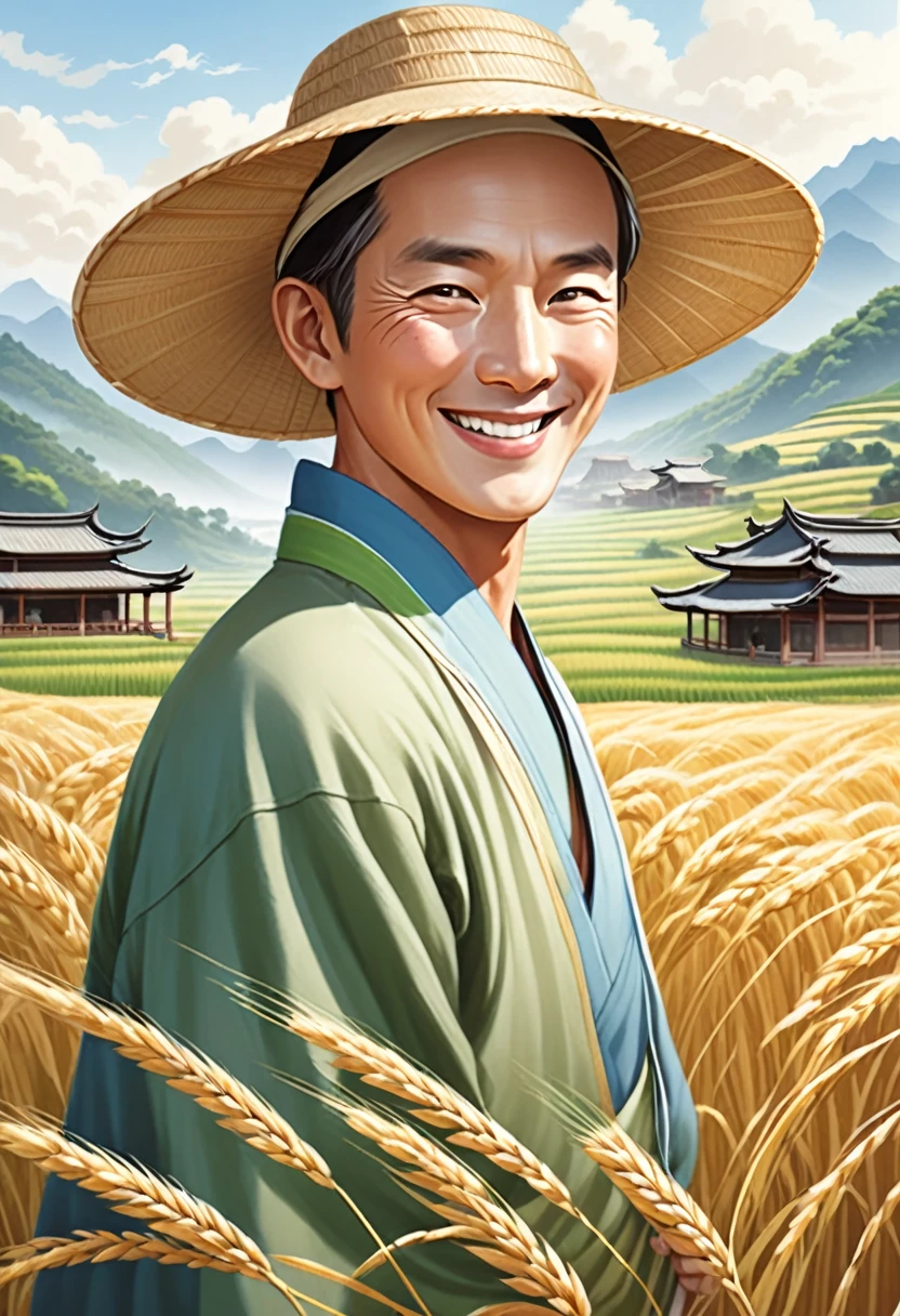 Guochao style,Auspicious patterns of water and cloud patterns in the foreground,Close up photo of an old farmer wearing a straw hat,Put a white towel on your shoulders,Embrace the wheat ears,Smile happily,Harvested rice field mid-view,There are farmers and cattle plowing the land,In the distance are the blue mountains,Shrouded in clouds,fine,Flat illustration style,Big scene, Wide-angle view,Chinese style,Chinese stone green landscape painting