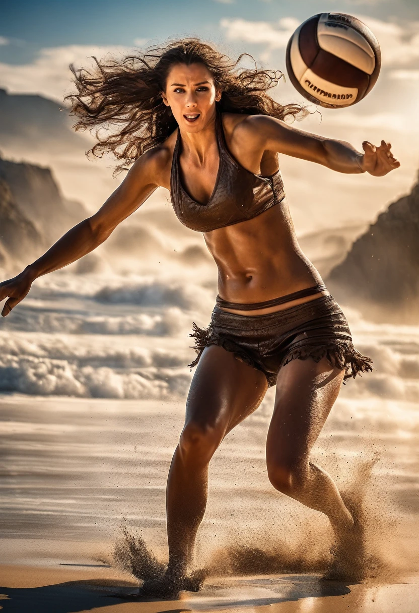 a sports picture best quality of a cave woman playing volleyball at the beach at the stone age, an extraordinary beautiful cave woman wearing animal leather sport ware playing volleyball at the beach, there is (mammoth: 1.2) watching her play, stone age beach background, its sunny day, sun rays,((anatomically correct : 1.5)),  ultra-high resolution, High Contrast, (masterpiece:1.5), highest quality, Best aesthetics), best details, best quality, highres, 16k, [ultra detailed], masterpiece, best quality, (extremely detailed), Cinematic Hollywood Film,