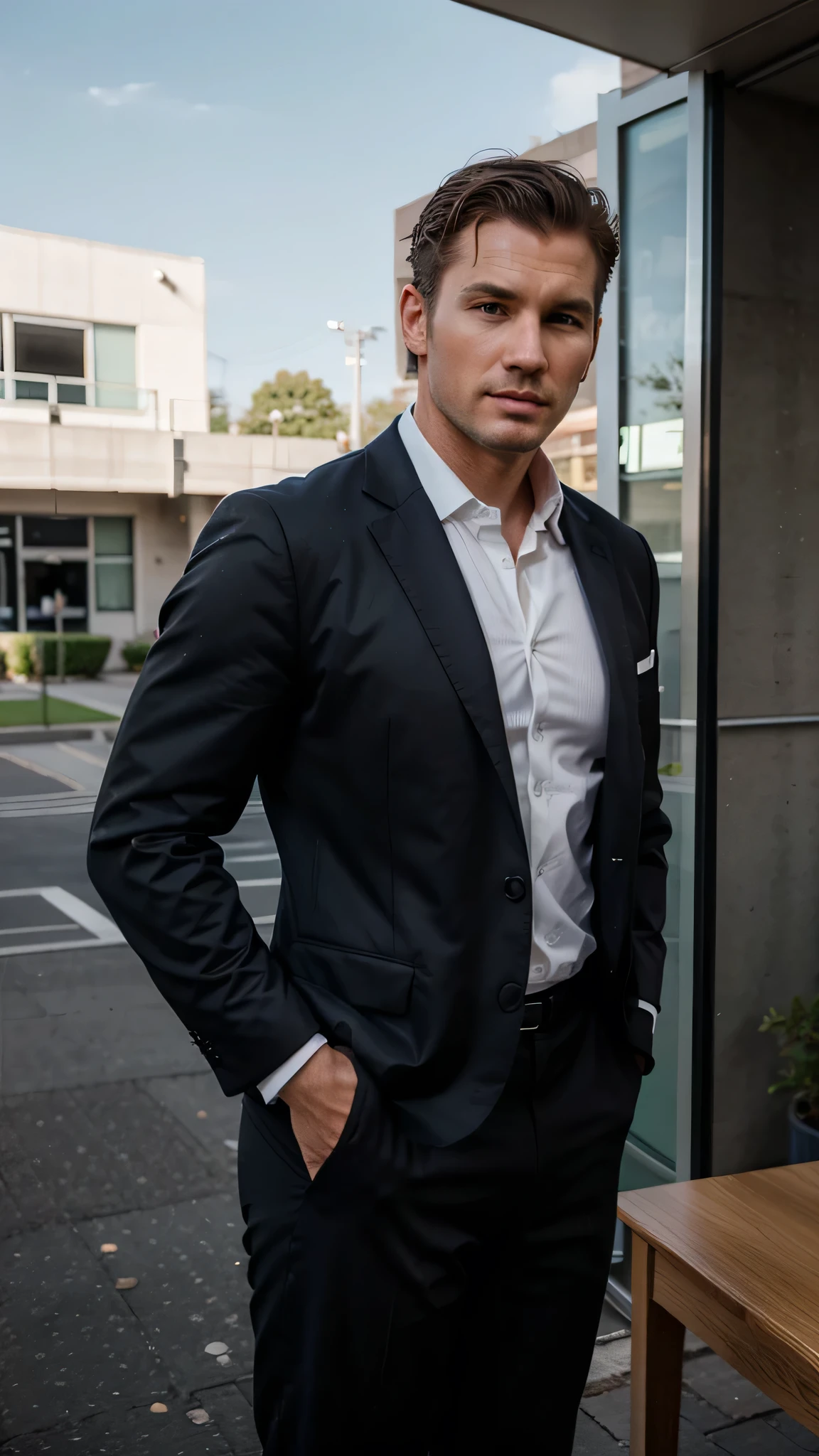 Generate me a realistic handsome goss businessman in portrait training wearing sport suit, There will be a gym in the background