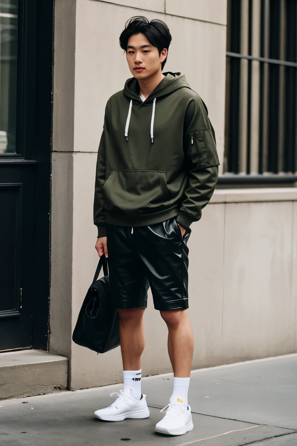 [figure]
One Man、Medium build、Medium Hair

[clothing]
Olive nylon hoodie、Black leather short pants with the front closed, black sneakers and white socks