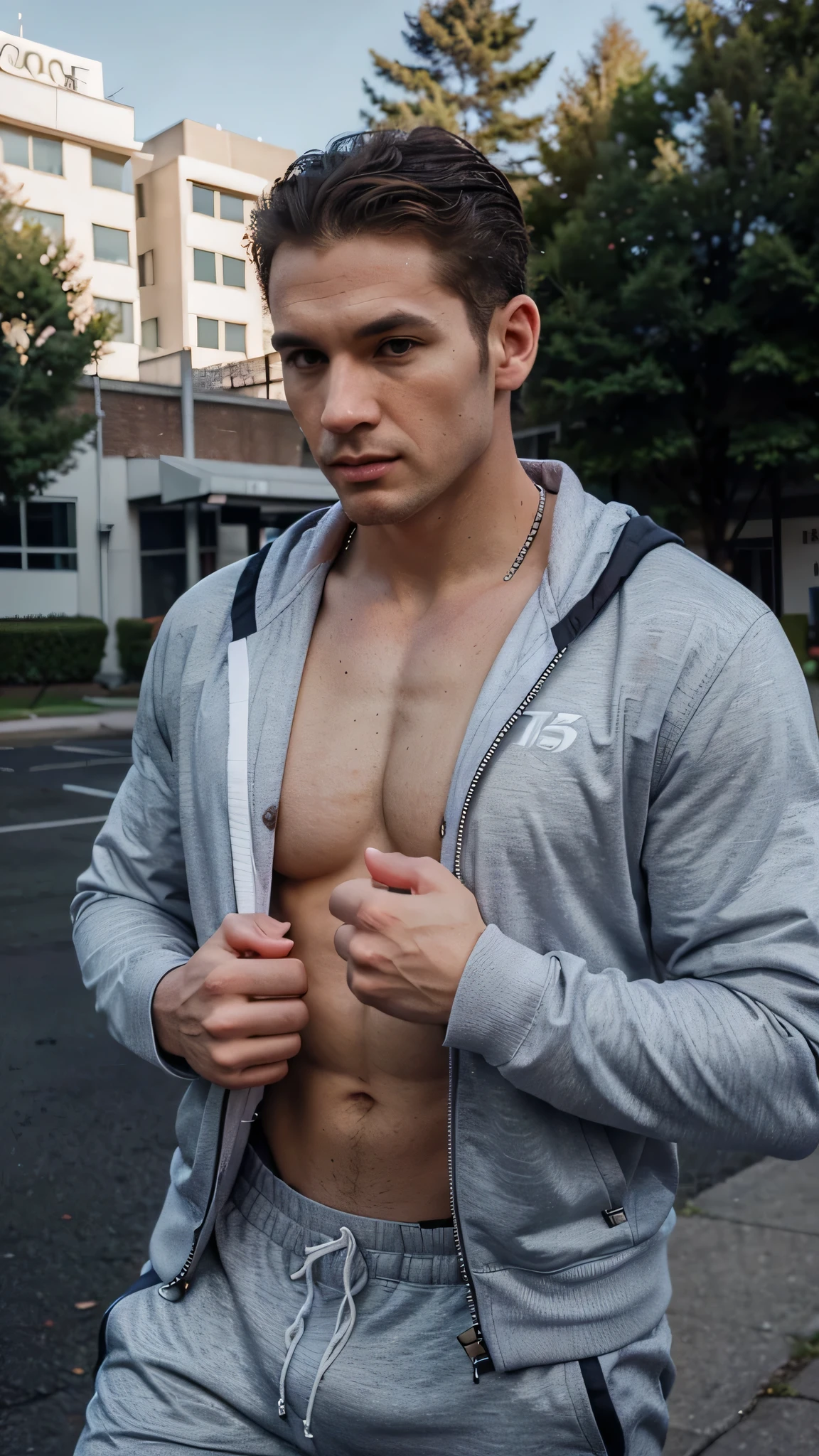 Generate me a realistic handsome goss businessman in portrait training at the gym wearing track suit, There will be a gym in the background