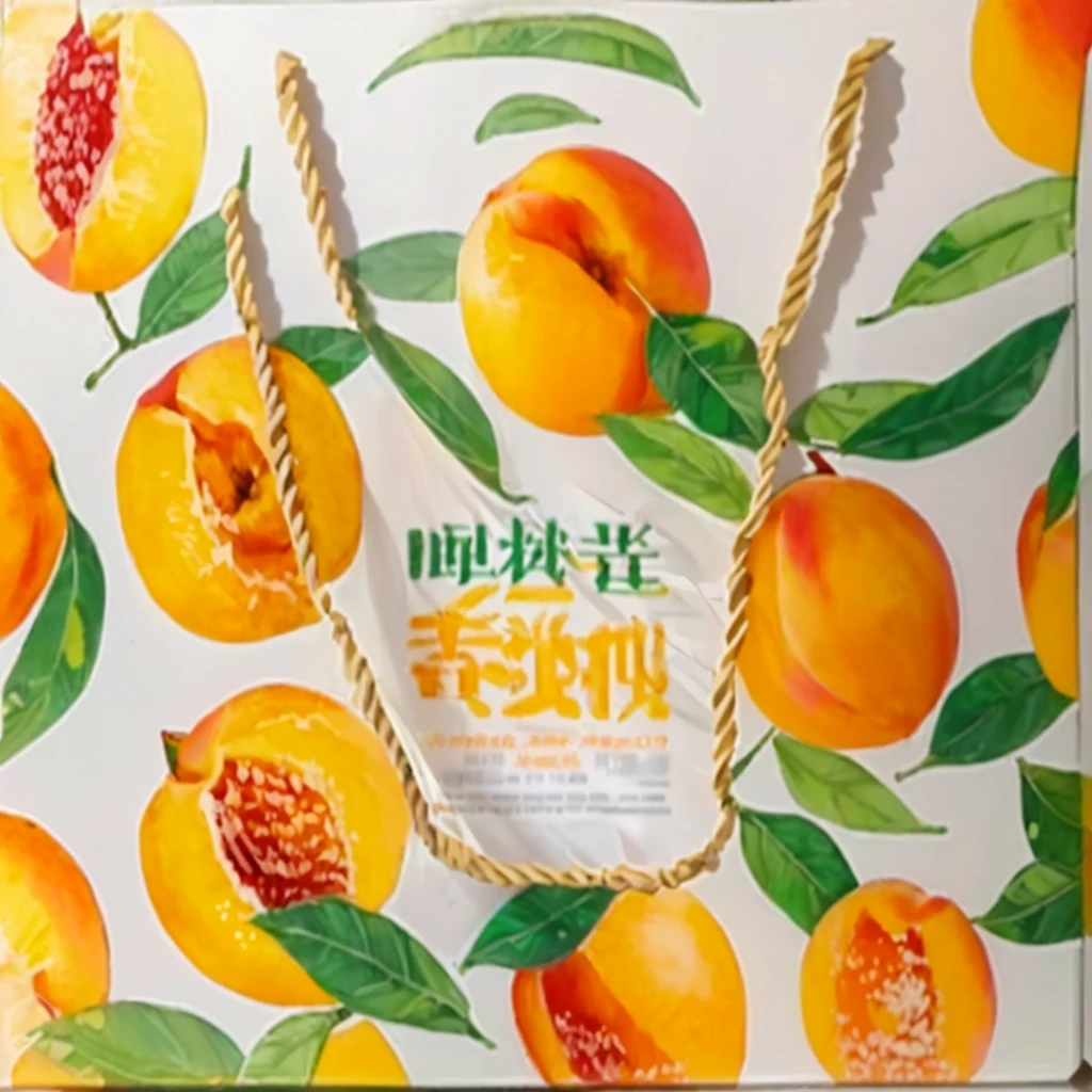 there is a bag with a bunch of peaches on it, Wang Chen, peach, Chiba Yudai, a human-like juicy peach, Inspired by Sun Kehong, glowing peach face, beast, Ghost Festival, su fu, Inspired by Wen Zhenheng
