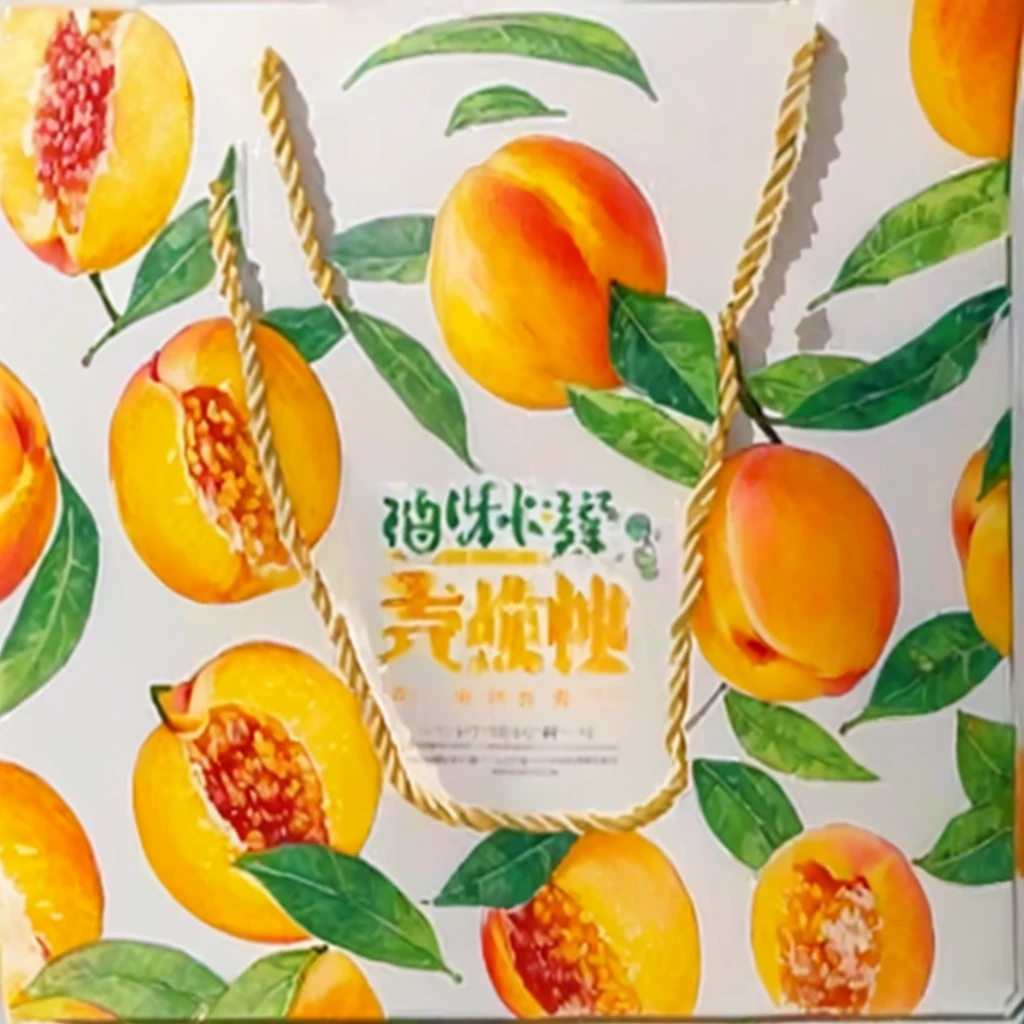 there is a bag with a bunch of peaches on it, Wang Chen, peach, Chiba Yudai, a human-like juicy peach, Inspired by Sun Kehong, glowing peach face, beast, Ghost Festival, su fu, Inspired by Wen Zhenheng