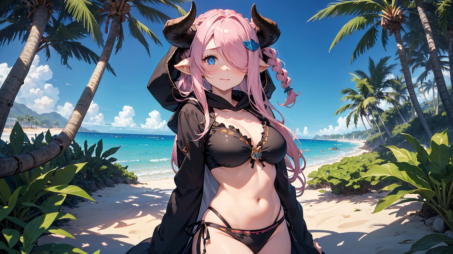 Vibrant, high-definition anime-style illustration set on a tropical beach. The layout features a central female character, Narmaya, with long pink hair, partially covered by a hooded cloak adorned with brown horns. She has fair skin, large expressive blue eyes and pink pupils, and a small blue butterfly hair clip. One eye is covered by her hair. The character is wearing a revealing black bikini with gold accents, and her hands are holding the edges of her cloak. The background showcases a pristine beach with white sand, lush green foliage, and tall palm trees. The clear blue sky and turquoise ocean complete the idyllic setting, with distant islands visible on the horizon. Narmaya and her attire are meticulously detailed. The intense effort put into shading brings this image to a realistic style. Gorgeous vibrant colors draw the eye. Narmaya's suggestive stance brings the viewers focus to her large and perfectly shaped breasts.
(masterpiece), best quality, expressive eyes, perfect face, suggestive pose, purple and pink background, seductive, fantasy, 8k, absurdres, narmaya, pink hair, blue eye with pink pupil, hair over eye, draph, horns, butterfly hair clip, black bikini, hood, defined hands, perfect hands, perfect fingers,