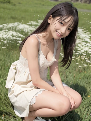 Japanese female, a lot of details, (underweight), detailed black hair, beautiful detailed hair, super fucking beautiful, delicate beautiful face, complex details beautiful and delicate eyes, perfect hands, (flat chest best quality:1.5), perfect and delicate limbs, detailed skin, best quality, ultra-detailed,(cheerful grin:1.5),
Tulle lace white skirt Flowers and grass meadow, (full body), Personage as the main perspective, squatting, (floral print cloth), (cream Clothes), sunlight, grassland,