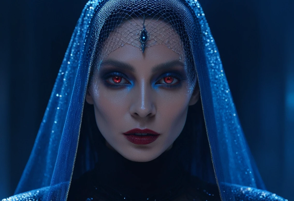 Fashionable portrait of androgynous alien looking witch wearing veil, glowing eyes, futuristic design, minimal details, givenchy, photoreal, 200mm, hd, f/ 2.0, highly detailed, surreal , drop dead, in the style of red and blue, (intricate details, hyperdetailed:1.15) (skin texture:1.2), cinematic, professional, 4k,