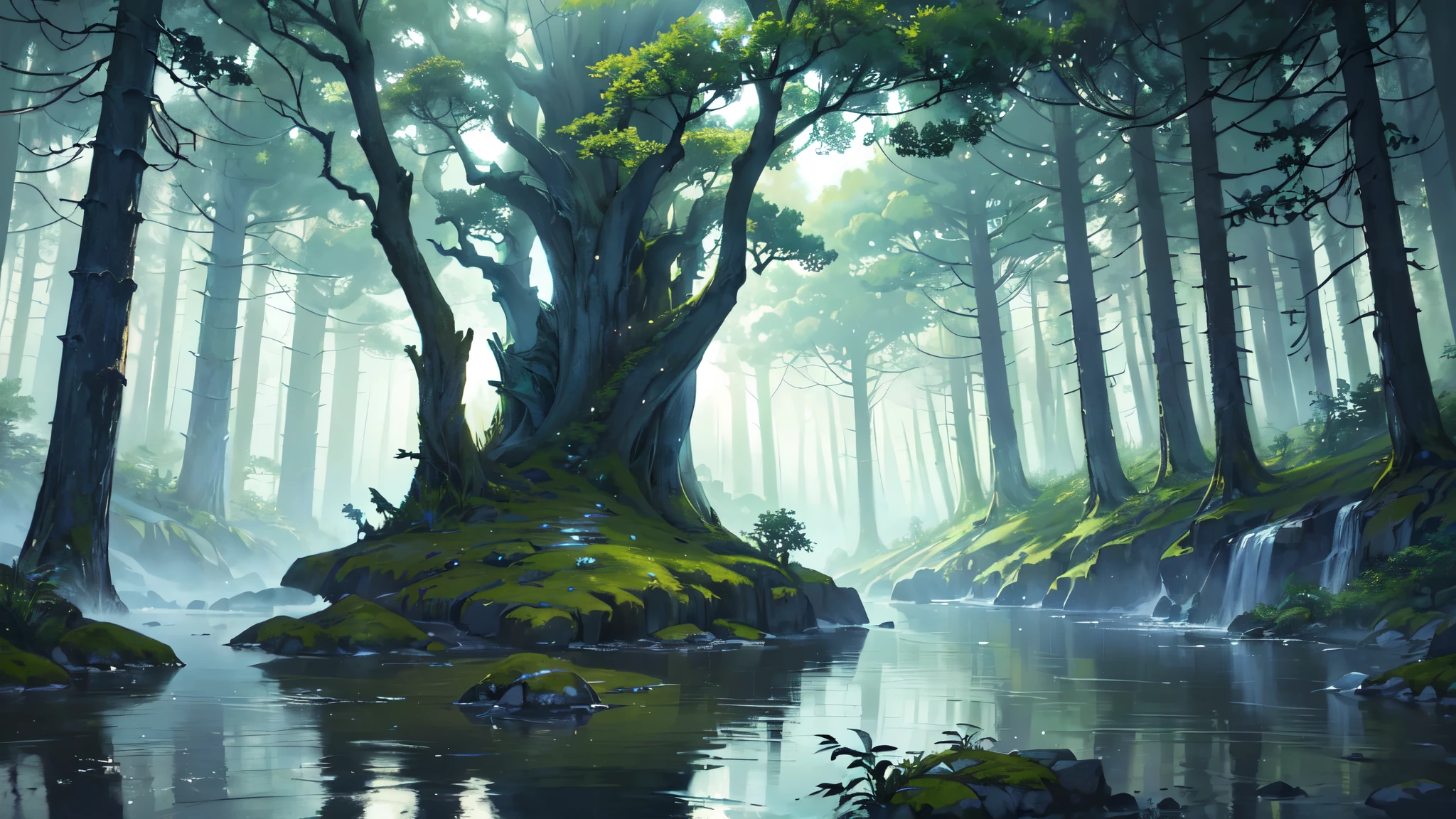 （masterpiece、Highest quality）(night:1.5)、Deep and lush ancient forest、Mysterious Forest、(静かなnightの森のlandscape:1.3)、Quiet Stream、（An illustration:1.2）、(High-resolution details:1.2)、（8K wallpapers incorporating high definition CG）、mysterious、Healing、landscape、