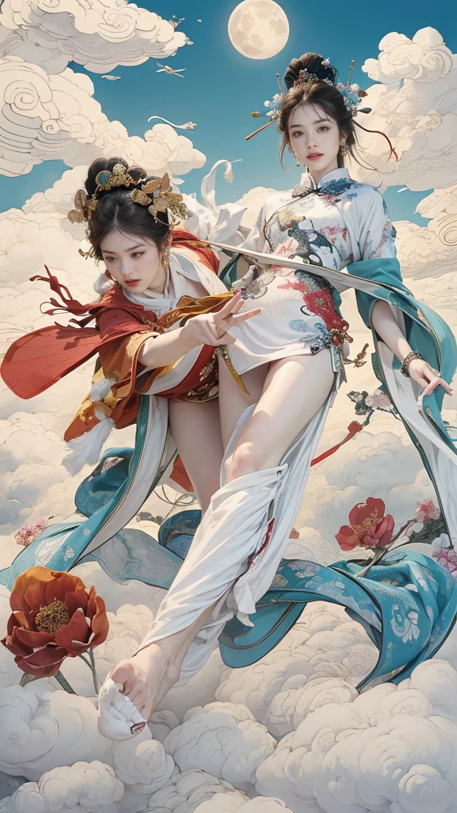 (masterpiece, Top quality, best quality, Official Art, beauty:1.2),(最詳細清晰的contour和五官:2.0,contour:2.0) (1 Chinese Goddess:1.5), Very detailed,(Dunhuang艺术:1.1),(Dunhuang,rich and colorful:1.1)(Flowers:1.3),Most detailed,(tangled:1.2), (Dynamic flight attitude,Foot on the white clouds,Show your thighs:2.0), (Blue sky, White clouds and bright moon background:1.3), (Chinese embroidered Hanfu:1.2), (Glowing skin,Camel toe:1.2), (Many colors:1.4), ,(earrings:1.4),