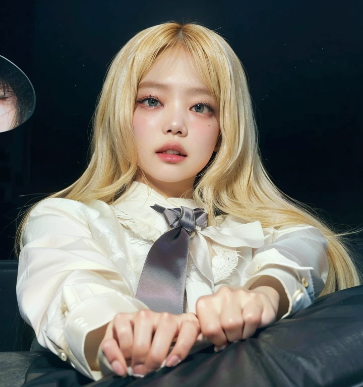 Blonde woman with long hair wearing white shirt and tie., lalisa manobal, Lalisa Manoban of Blackpink, roseanne park by blackpink, jossi de blackpink, portrait of jossi de blackpink, portrait of kim petras, the hime cut, sun yunjoo, shikami, with full bangs, jaeyeon nam, white hime cut hairstyle