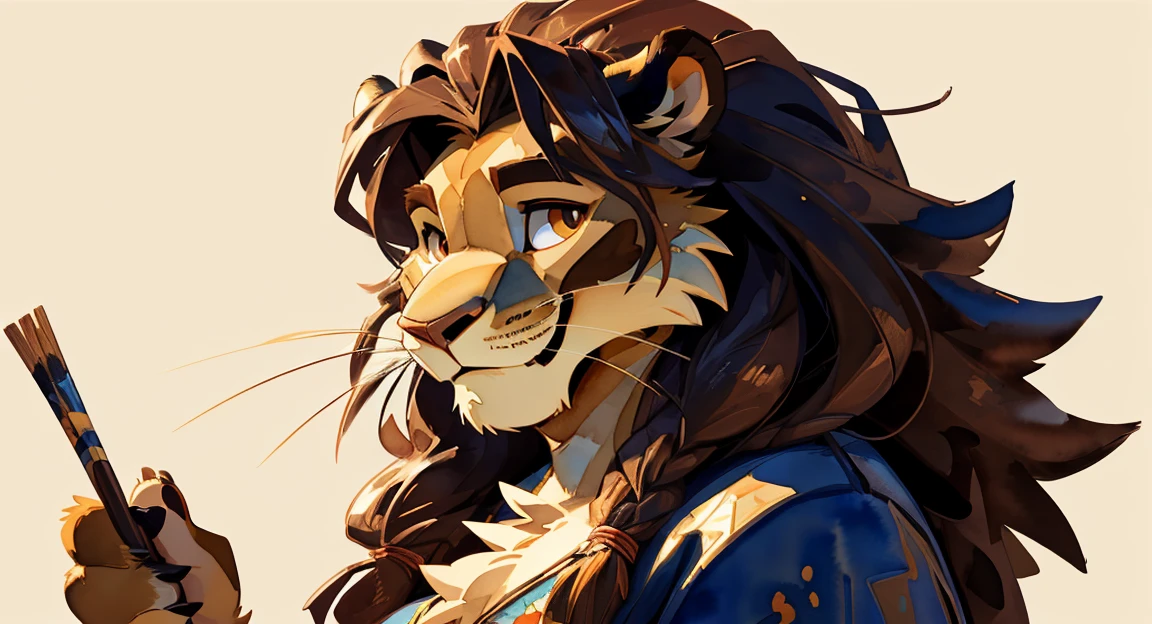 solo, (half portrait, three quarter view:1.1), (watercolor paint, on paper:1.4), by haps, by Cory Loftis, by Yuumei, by braeburned, by Tom Whalen, by Shiitakemeshi, by Catcouch, (furry, beautiful yellow lioness female, mature, cute, expressive face, proud, smirk :1.2) , fluffy, (dark auburn long extremely curly hair, brown eyes), curvy, titled head, wide shoulder, masterpiece, best quality, 4k, 2k, (intricate:0.9), absurdres, good face, watery eyes, clean background, detailed character design. (cel shading, lineless:0.7)
(good quality, best quality:1.4)
anthro, (solo:1.2)
(8k, uhd, hi res, detailed, shaded, shading, masterpiece, perfect lighting, ultra detailed, detailed fur:1.2)
(absurd res:1.2)

(mature female)

(lioness, lioness)
(light yellow body, light yellow fur)

(slightly chubby) [(fat rolls, small belly, big butt:1.2):0.24]
[(chubby cheeks, double chin:1.2):0.025]
(small breasts)
(huge hips, wide hips, pearshaped, bottomheavy)
flabby

wild hair, long hair [big hair:0.25]
(fluffy, [hairy, chest tuft:0.37])
thick eyebrows, bold eyebrows
amber eyes

(dark brown tail tuft)

((smiling excitedly))

((tribal)) ((primitive))