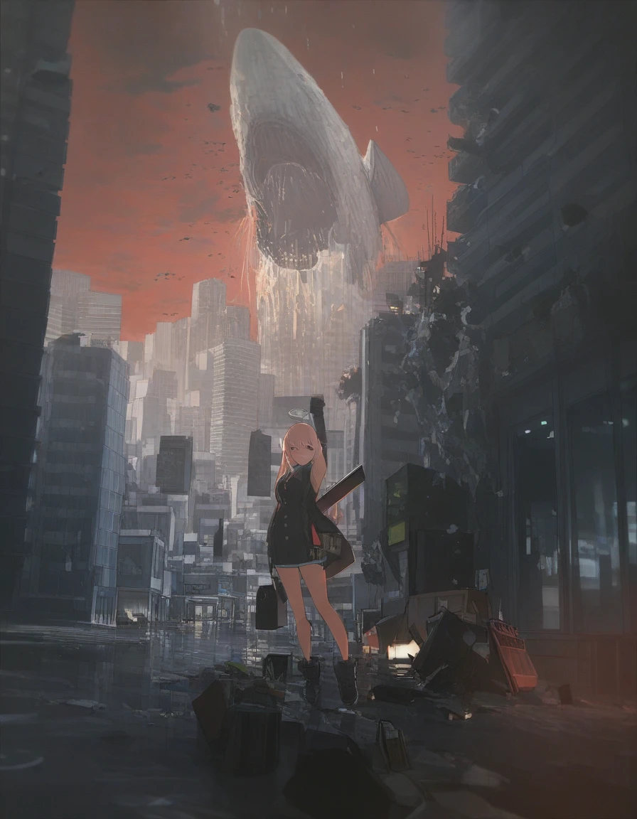 1girl, chipa \(arutana\), blue archive, cityscape, apocalyptic, red_sky, debris, from below, red sky with large debris suspended in the air, billboards, japanese_text, anime_style, dramatic_lighting, urban, chaos, vibrant_colors, night, neon_signs, destruction, wide_shot, cloud_fragments, floating_debris, ominous_atmosphere, digital_art, official art, ((very aesthetic, best quality)), vector art 