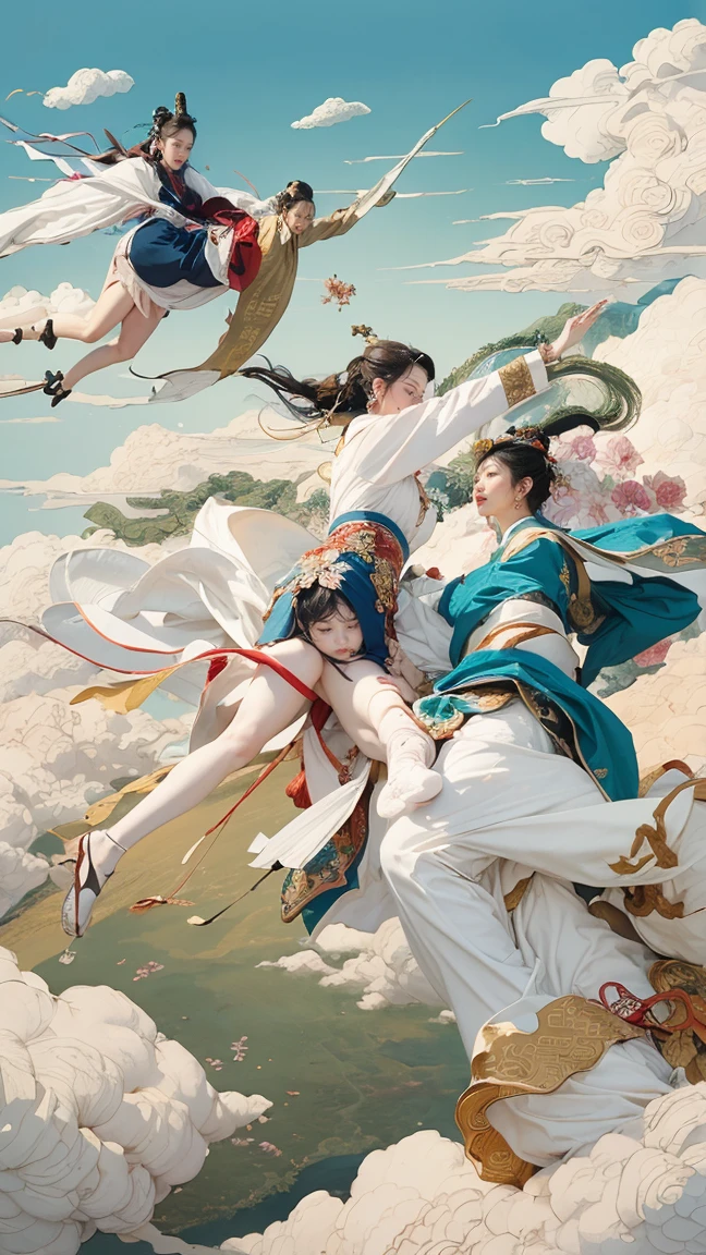 (masterpiece, Top quality, best quality, Official Art, beauty:1.2),(最詳細清晰的contour和五官:2.0,contour:2.0) (1 Chinese Goddess:1.5), Very detailed,(Dunhuang艺术:1.1),(Dunhuang,rich and colorful:1.1)(Flowers:1.3),Most detailed,(tangled:1.2), (Dynamic flight attitude,Foot on the white clouds,Show your thighs:2.0), (Blue sky, White clouds and bright moon background:1.3), (Chinese embroidered Hanfu:1.2), (Glowing skin,Camel toe:1.2), (Many colors:1.4), ,(earrings:1.4),