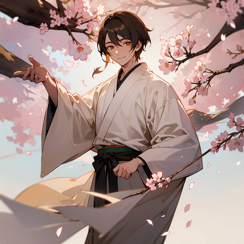 Naginata, short brown hair, young man, golden eyes, narrow eyes, white dove, cherry blossom petals, black and white kimono, fearless smile