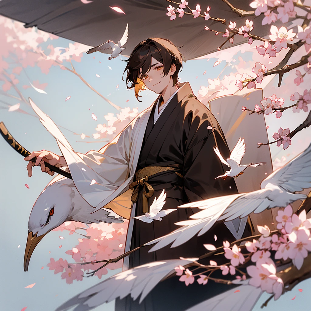 Naginata, short brown hair, young man, golden eyes, narrow eyes, white dove, cherry blossom petals, black and white kimono, fearless smile