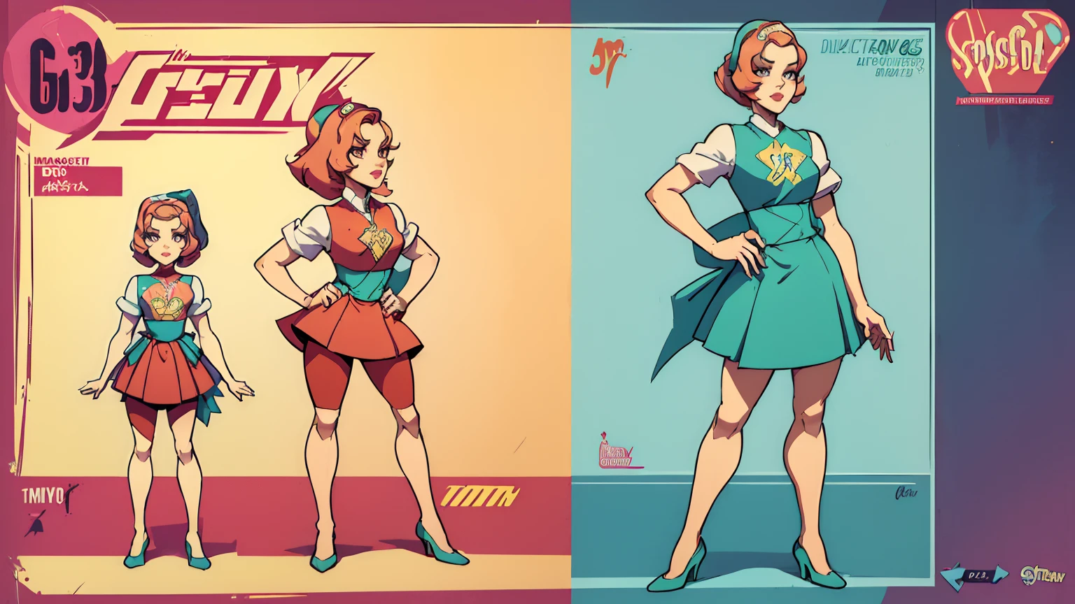  ((masterpiece,best quality)),((character design sheet)),((full body view)),Young girl, 40s fashion appearance, in style of digital illustration, pinup art, deviantart artstation cgscosiety, stunning digital illustration, soda themed girl, beautiful retro art, jen bartel, matte digital illustration, glossy digital painting,