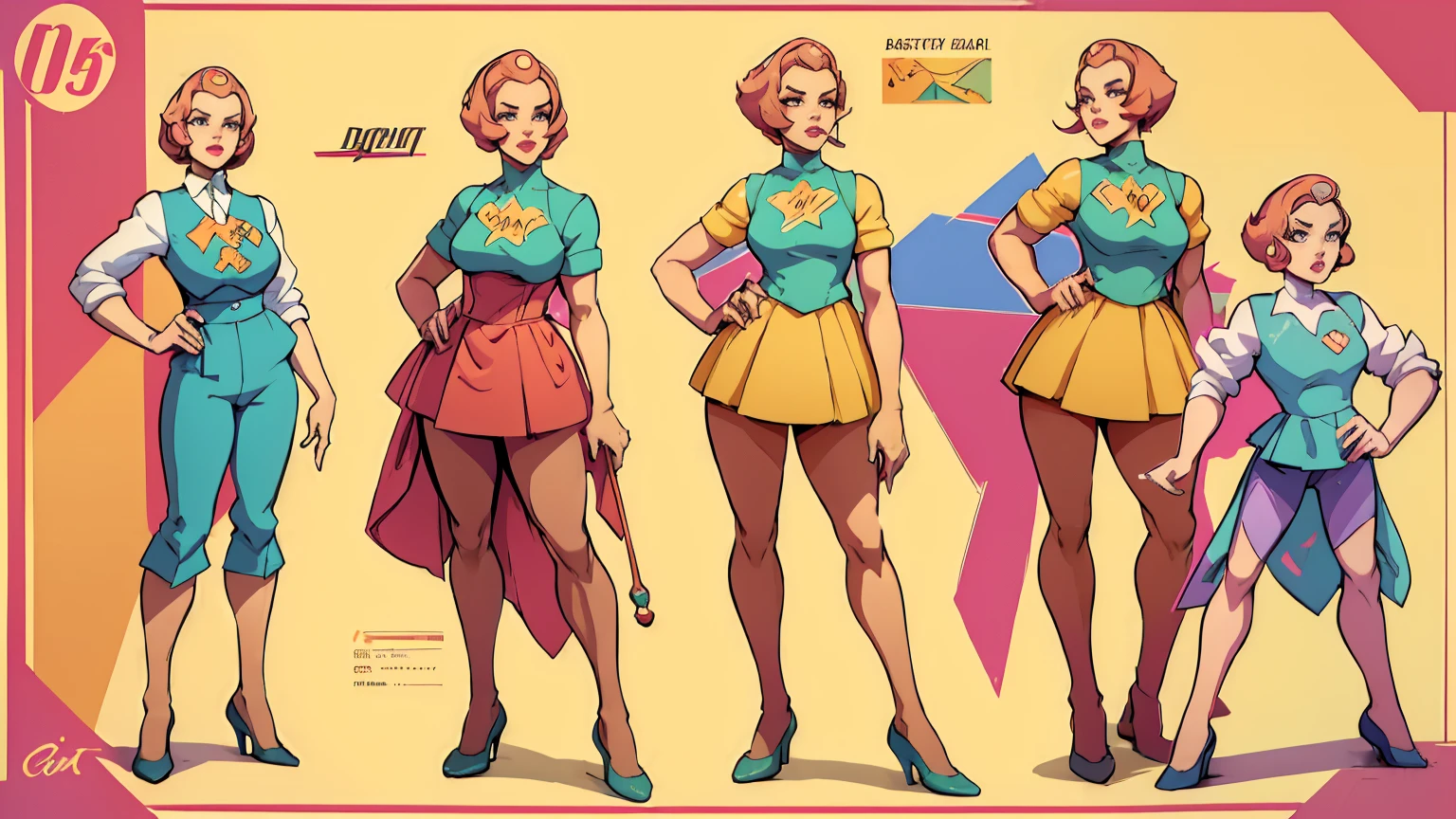  ((masterpiece,best quality)),((character design sheet)),((full body view)),Young girl, 40s fashion appearance, in style of digital illustration, pinup art, deviantart artstation cgscosiety, stunning digital illustration, soda themed girl, beautiful retro art, jen bartel, matte digital illustration, glossy digital painting,