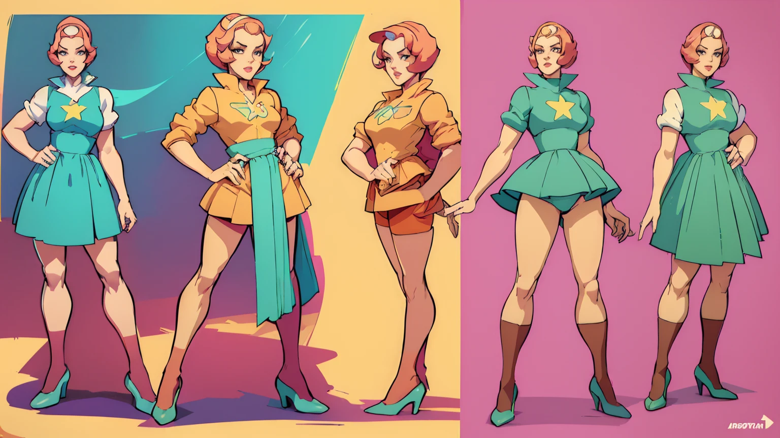  ((masterpiece,best quality)),((character design sheet)),((full body view)),Young girl, 40s fashion appearance, in style of digital illustration, pinup art, deviantart artstation cgscosiety, stunning digital illustration, soda themed girl, beautiful retro art, jen bartel, matte digital illustration, glossy digital painting,