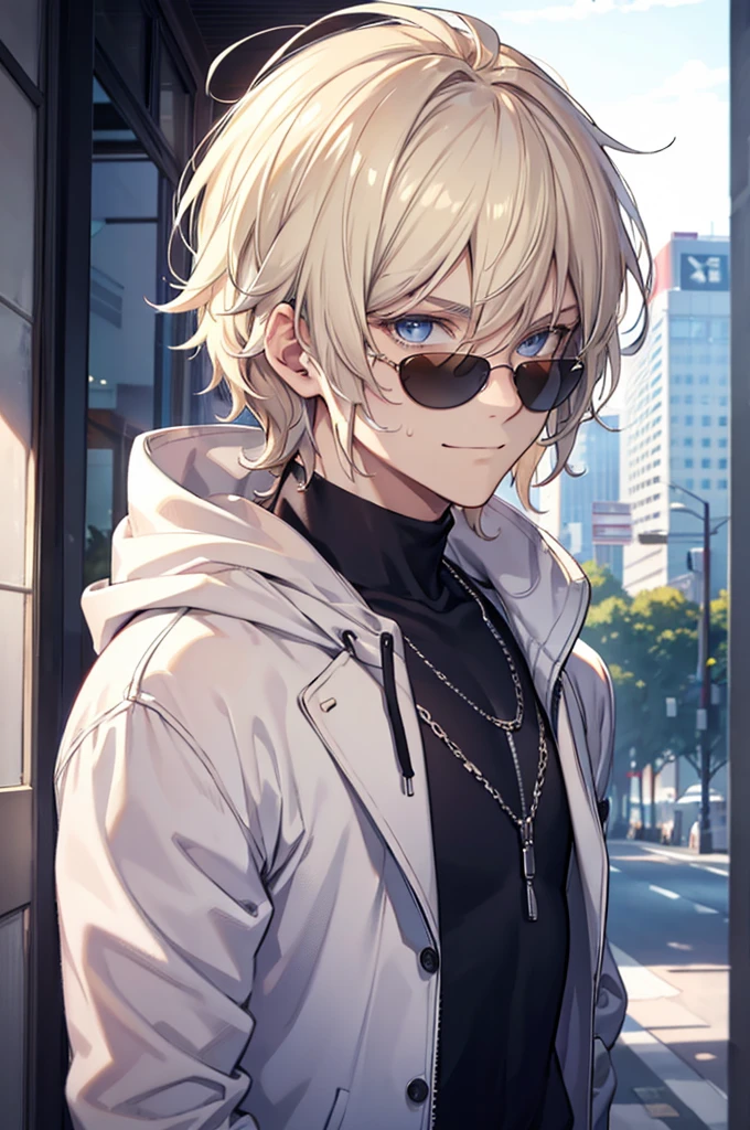 1.5, best quality, high quality, High definition, High quality texture, high detail, beautiful detailed, finely detailed, extremely detailed cg, detailed texture, 1man, boy, male, ((playboy)), platinum blonde hair, mullet, shaggy hair, hoodie, blazer over hoodie, smirking, transparent sunglasses, good style, casual, trendy, close up, portrait, tall, mature, sweatpants
