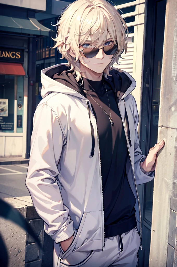 1.5, best quality, high quality, High definition, High quality texture, high detail, beautiful detailed, finely detailed, extremely detailed cg, detailed texture, 1man, boy, male, ((playboy)), platinum blonde hair, mullet, shaggy hair, hoodie, blazer over hoodie, smirking, transparent sunglasses, good style, casual, trendy, close up, portrait, tall, mature, sweatpants
