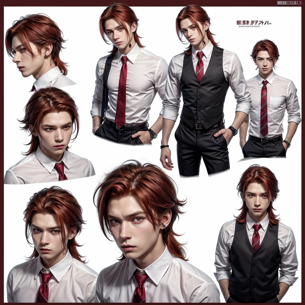 Character design sheet young man, red hair in mullet, dress shirt and red tie, ear piercings, dark brown eyes, my hero academia style