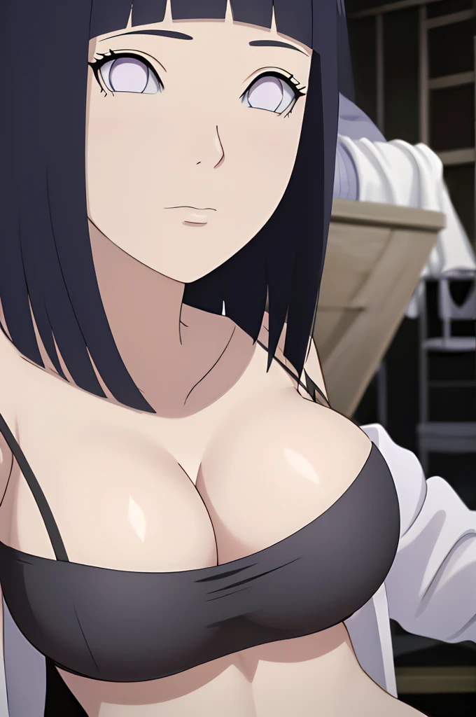 masterpiece, (intricate details), (colorful),cinematic lighting,extremely detailed CG unity 8k wallpaper ,hinata\(boruto\), 1girl,solo, large breasts, (hinata, hyuuga hinata, purple eyes, blunt bangs, black hair) big breasts, perfect breasts, large breasts, round breasts, huge breasts, black bra, bikini top, cleavage, bare shoulders, collarbone, underboob, close shot, portrait, headshot, white backdrop, perfect eyes, glowing eyes, beautiful eyes, black background, simple background, no background , 