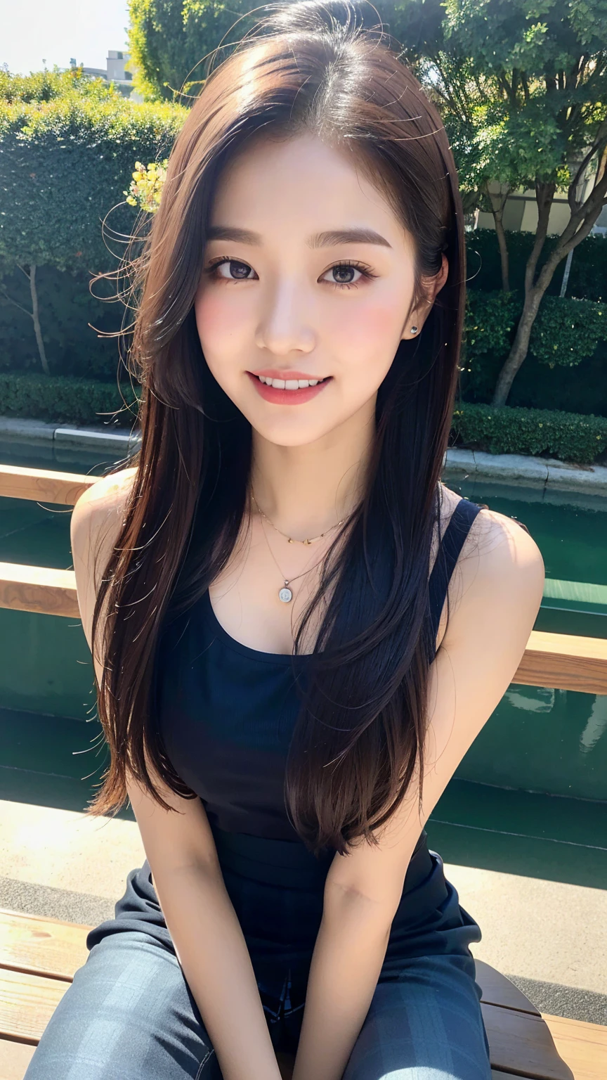 (8K), (best quality: 1.2), (realistic), (realistic: 1.37), ultra high resolution, 1 girl, cute, laugh, closed mouth, beautiful details, beautiful nose, wet hair, red lip,one point piercing,huge two cells, pork, thighs,Self Snap,College student ,sunny day,I can see the sea,sitting on bench,cross one's legs,look down,from above,(Simple dark gray blazer 1),(dark gray pleated skirt),(Dark Blue Bow Tie),(The skirt pattern is a tartan check pattern....:1.3),濡れたthighs,Knee High Tights,(thighsにクローズアップ1.2)