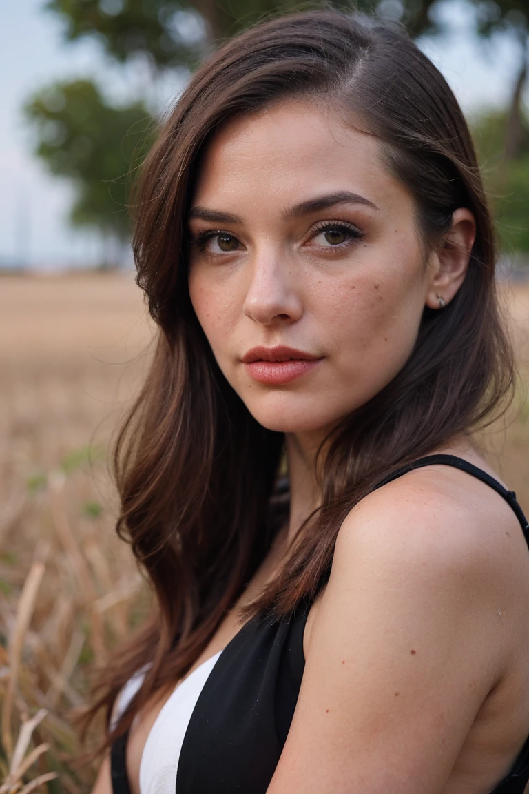 close up of a beautiful girl showing off her shoulders in the field, 1girl, freckles, solo, looking at viewer, realistic, long hair, brown eyes, lips