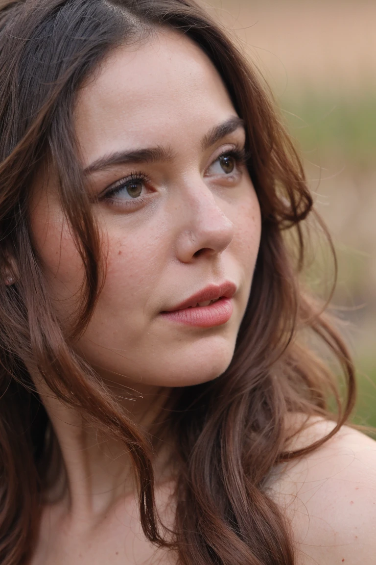 close up of a beautiful girl showing off her shoulders in the field, 1girl, freckles, solo, looking at viewer, realistic, long hair, brown eyes, lips