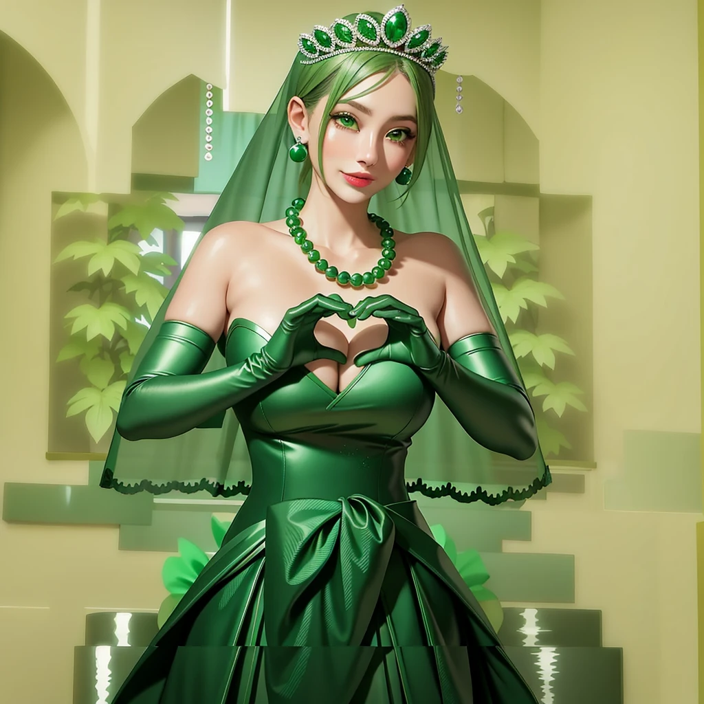 Emerald tiara, Green Pearl Necklace, ボーイッシュな非常に短いGreen Hair, Green Lips, Smiling Japanese woman, Very short hair, Busty beautiful lady, Green Eyes, Green satin long gloves, Green Eyes, Emerald Earrings, Green veil, Heart with both hands, Green Hair, Beautiful Japanese Women, Heart shaped hands:1.3, green lip gloss
