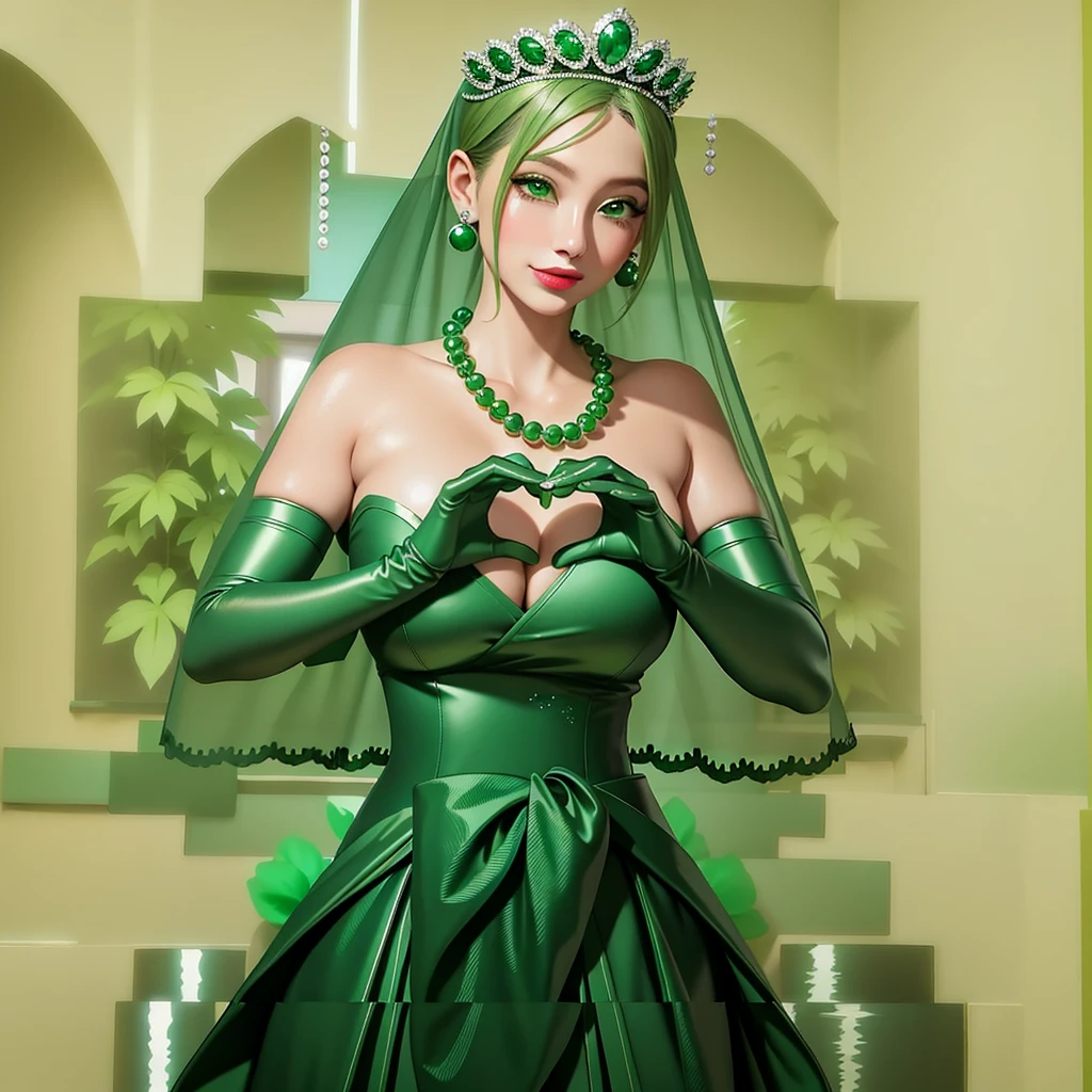 Emerald tiara, Green Pearl Necklace, ボーイッシュな非常に短いGreen Hair, Green Lips, Smiling Japanese woman, Very short hair, Busty beautiful lady, Green Eyes, Green satin long gloves, Green Eyes, Emerald Earrings, Green veil, Heart with both hands, Green Hair, Beautiful Japanese Women, Heart shaped hands:1.3, green lip gloss