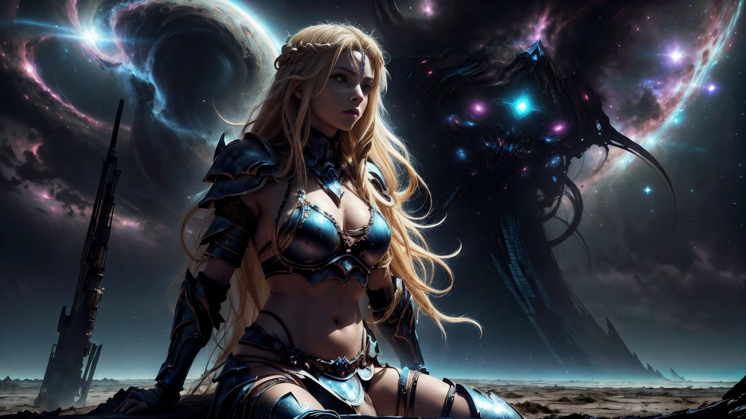 (sublime goddess:1.3) with (long blonde hair) and (blue eyes), in (bikini armor of chaos:1.3), perfect body. Sitting on a rock on a desolate planet with the birth of a galaxy in the sky in the background. 8k, supernatural scene, wallpaper, volumetric lighting, (darkness:1.5), (upper half of the body view:1.3), (close up goddess)