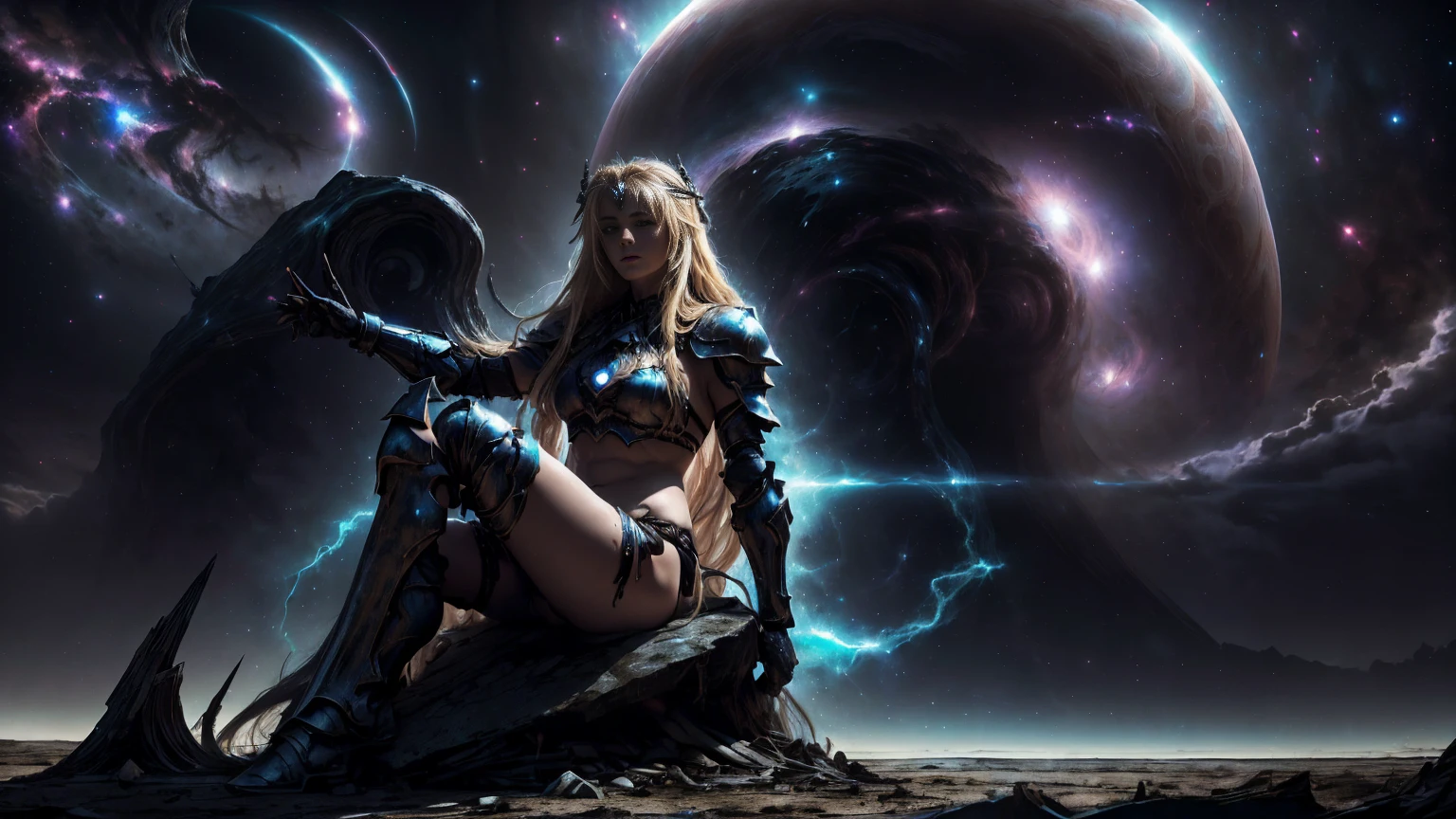(sublime goddess:1.3) with (long blonde hair) and (blue eyes), in (bikini armor of chaos:1.3), perfect body. Sitting on a rock on a desolate planet with the birth of a galaxy in the sky in the background. 8k, supernatural scene, wallpaper, volumetric lighting, (darkness:1.5), (upper half of the body view:1.3), (close up goddess)