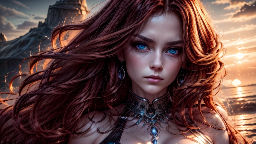 (Best Quality, detailed, restoration of faces and hands, Professional lighting) Scandinavian young woman, copper hair and silver tips with a fade, onyx colored eyes, in a black leather outfit with an obsidian pearl on her chest walking towards a sunset