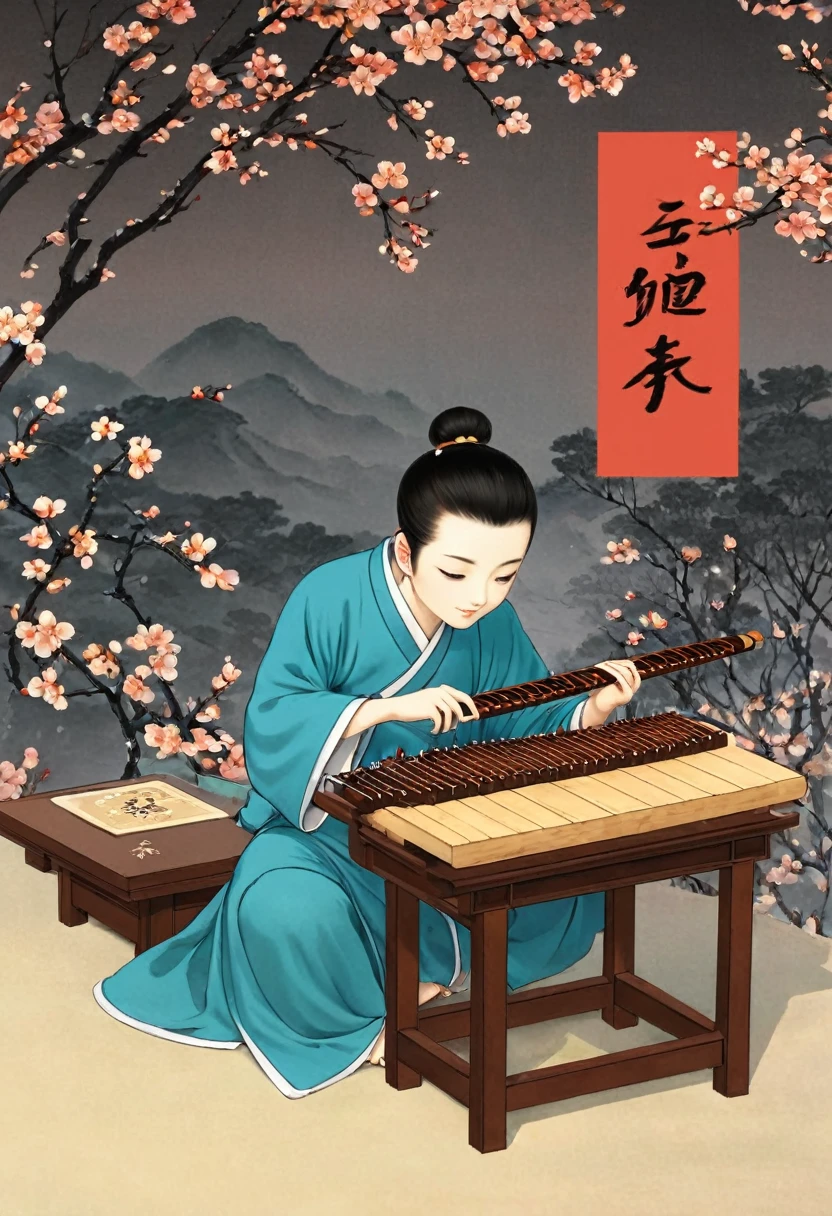 Cartoon illustration,The man sitting,Play the Chinese Guqin, cartoon still, cartoon, Inspired by Wu Daozi, Animation Scene, inspired by Ding Guanpeng, inspired by Cao Zhibai, Beautiful images, Chiba Yudai, by Qu Leilei, Cartoon illustration, Inspired by Zhao Yuan