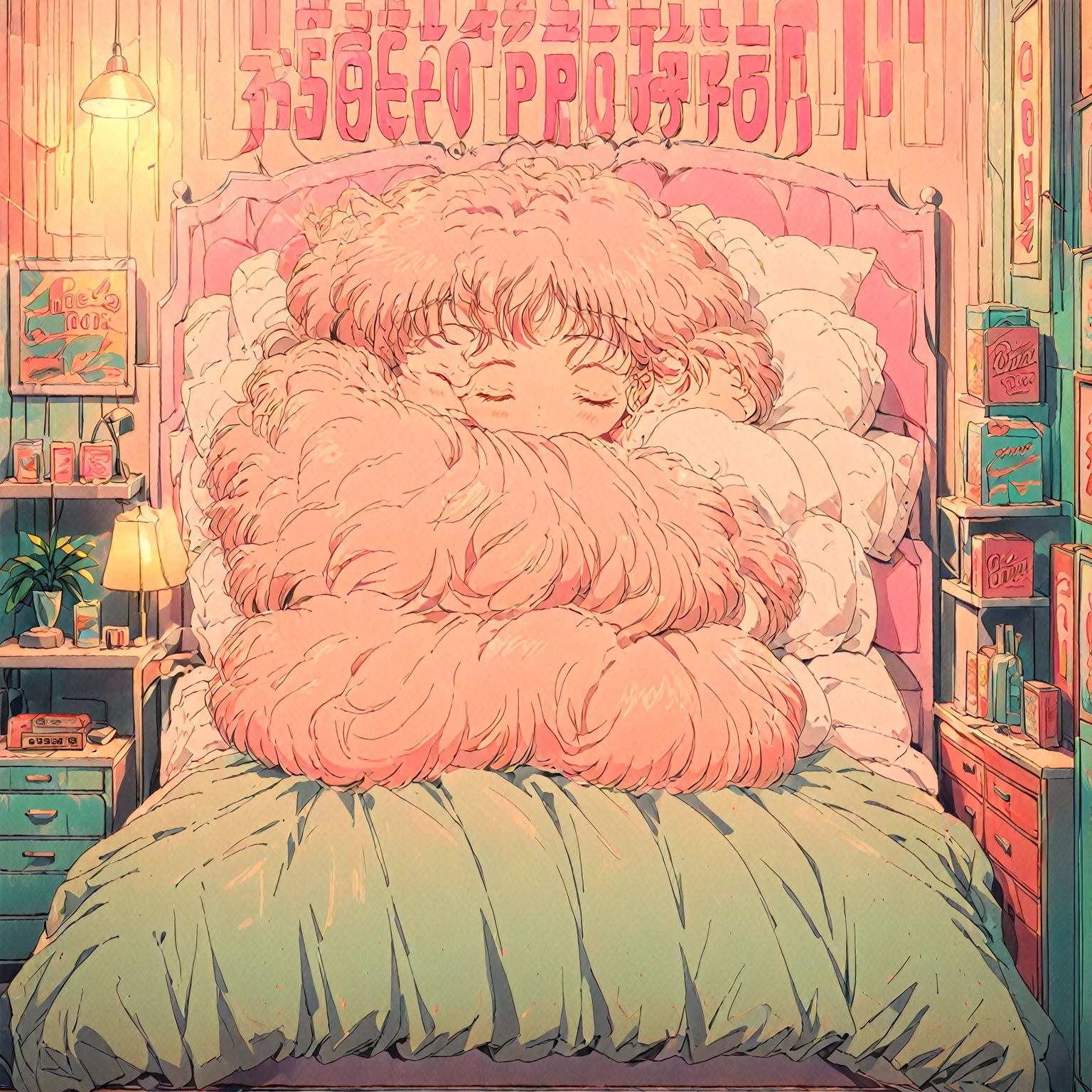 Retro city pop, girl sleeping in her room, cozy bed, soft lighting, vintage posters, 1980s decor, warm colors, neon signs, serene expression, pastel tones, high resolution, relaxing atmosphere, detailed background