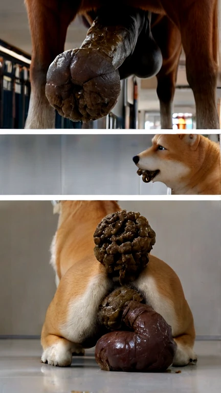 masterpiece, high quality, realistic, detailed background, (((horse, Shiba lying on back))), (feral), (((wide hips))), ((((rear view, poop on face, huge balls)))), (masterpiece), best quality, 4k, 2k, ((((feral, duo, on top of Shiba, balls on belly, crouched position, paws, spread legs, dirty, messy, tail up,))))), ((((((rear view, feces from horse anus, leaking anus, feces covered anus, big horse anus, excessive horse anal feces, horse crouching over Shiba face, feces on face, shiba lying on back with feces in mouth, duo, horse, shiba, excessive feces, mouth on balls, licking balls, shiba facing horse balls, shiba looking at horse balls, feces eating, huge feces))))))