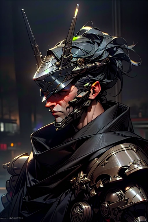 a highly detailed portrait of a male assassin, futuristic full-face helmet, glowing visor, sleek cyberpunk-style armor, dark moody atmosphere, dramatic lighting, cinematic composition, hyper-realistic, dark gritty, moody dramatic, dystopian neo-noir, intricate details, intricate design, mechanical industrial, advanced technology, complex patterns, (best quality,4k,8k,highres,masterpiece:1.2),ultra-detailed,(realistic,photorealistic,photo-realistic:1.37)