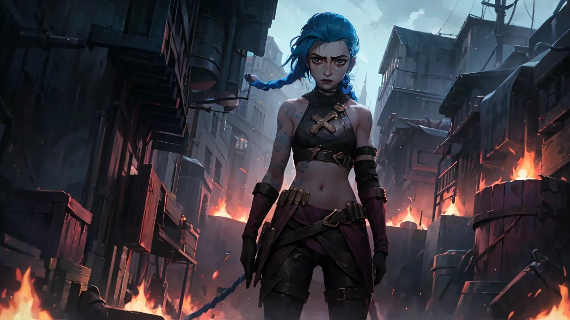 (masterpiece, Best quality), 1 girl, portrait, very sexy, crazy look, smile, crying, pink tears, tears on the cheeks, tears from eyes, full length (full body 1.1.), очень feminine, fighting stance, battle, fire, explosions, burning city, Beautiful waist, gloomy composition, flame, fire, Flash, very beautiful, feminine, long hair, hair braided in long braids, very sexy, tight leather pants, emphasis on the eyes, emphasis on the face, Beautiful face, Hands, Hair, Haired ponytail, red purple eyes, Джинкс crying, Blue cloud tattoo, (masterpiece, Best quality), Side lighting, beautiful detailed eyes, crazy face), (Best quality), (masterpiece), magic photography, Spectacular lighting, Photorealism, ultra detailed, интимная portraitная композиция, 1. 4,8 k UHD, aesthetic, Cd., A high resolution, 8 k, better lighting, Best shade, Ultra-HD, A high resolution, sharp focus, Complex background, Cinematic lighting, ((Landscape view)), 4K block, (better lighting), ((Cinematic lighting)),