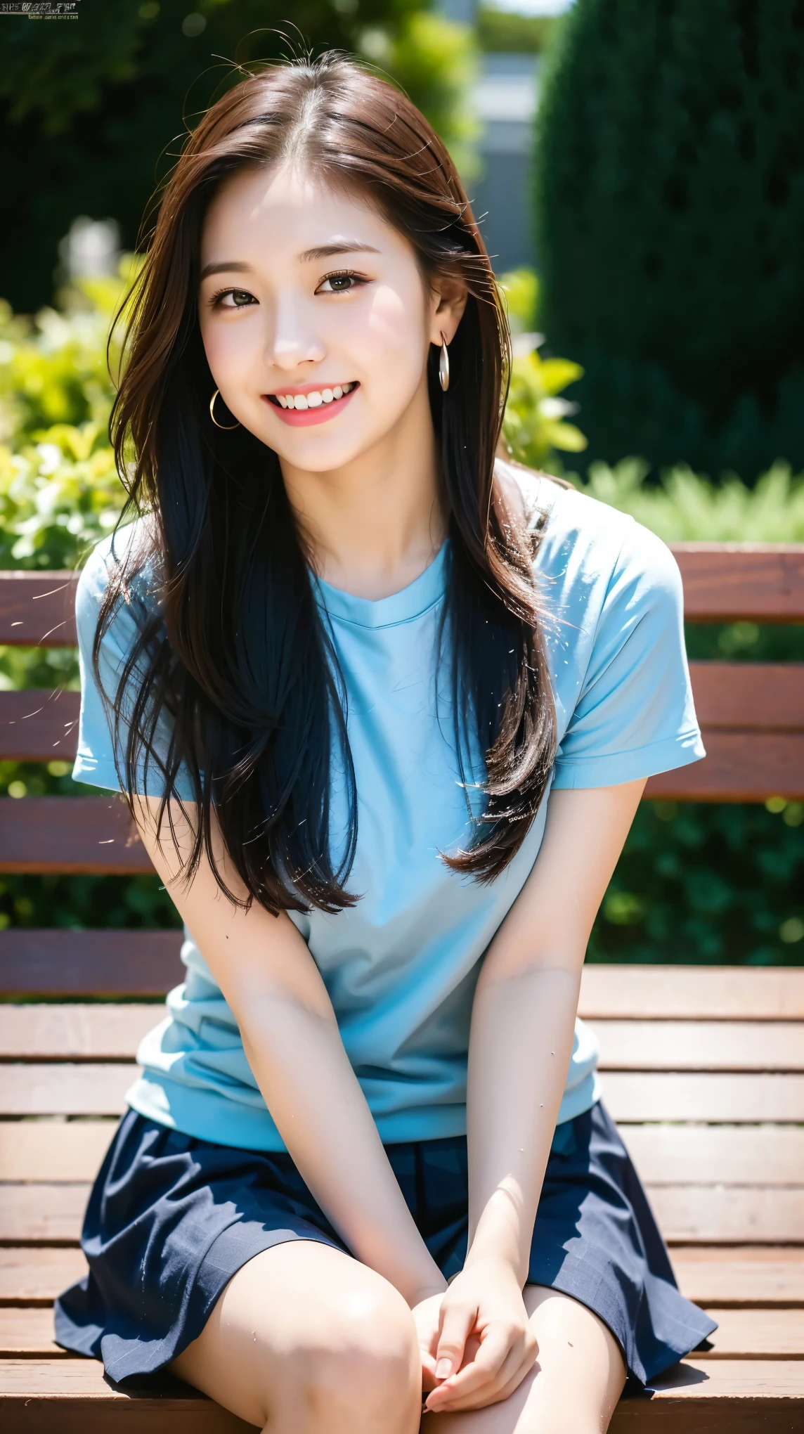 (8K), (best quality: 1.2), (realistic), (realistic: 1.37), ultra high resolution, 1 girl, cute, laugh, closed mouth, beautiful details, beautiful nose, wet hair, red lip,one point piercing,huge two cells, pork, thighs,Self Snap,College student ,sunny day,I can see the sea,sitting on bench,cross one's legs,look down,from above,(Simple dark gray blazer 1),(dark gray pleated skirt),(Dark Blue Bow Tie),(The skirt pattern is a tartan check pattern....:1.3),濡れたthighs,Knee High Tights,(thighsにクローズアップ1.2)