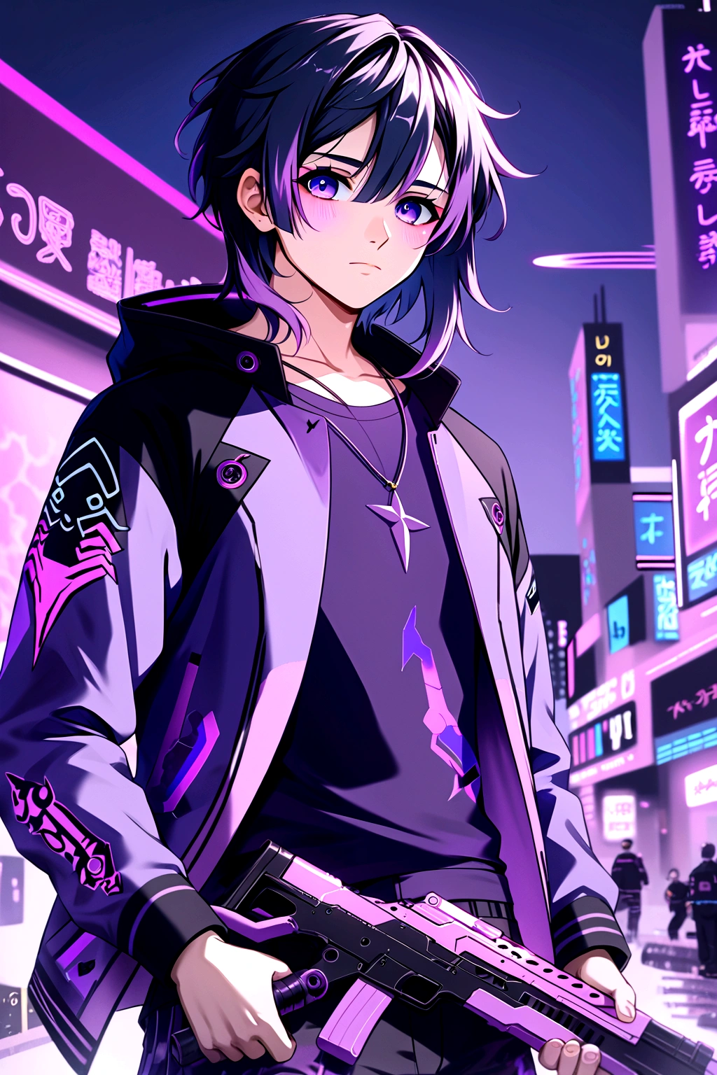 23 year old young man, faded hair, medium hair, black hair, purple eyes, good features, modern black jacket with purple details, black t-shirt, black pants with purple details, cyberpunk details,