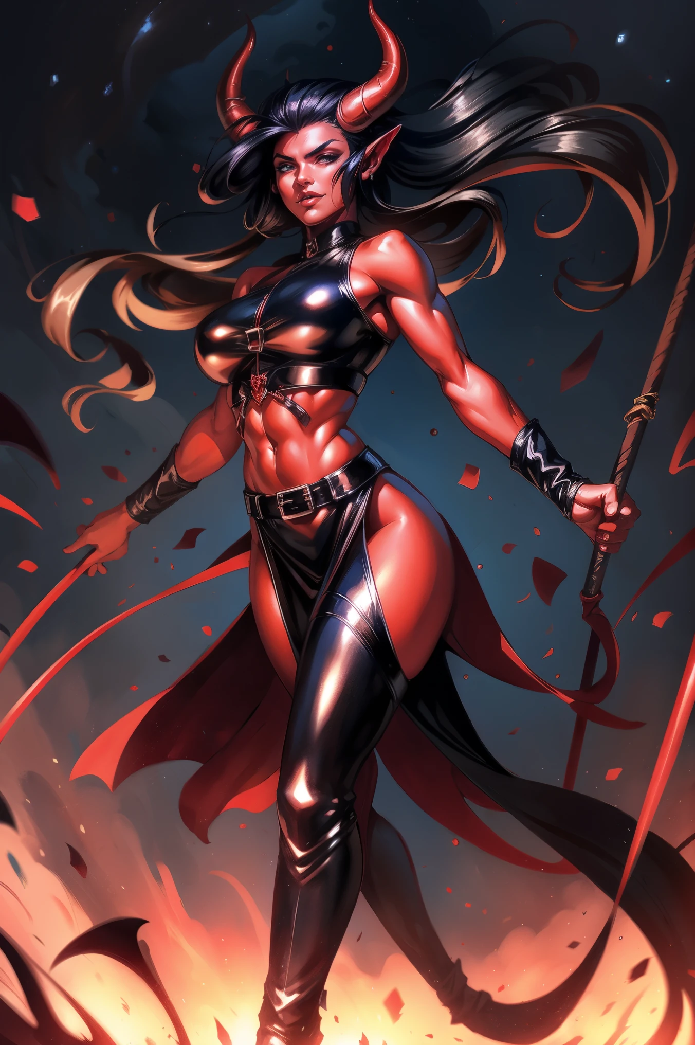 Red skin succubus tiefling, medium breasts, black horns, wings, huge tail, black leather, crop top, long flowing pelvic curtain, tall, toned, graceful, thin, long black ponytail. Action scene, whip. Dark scene, explosions, night sky.