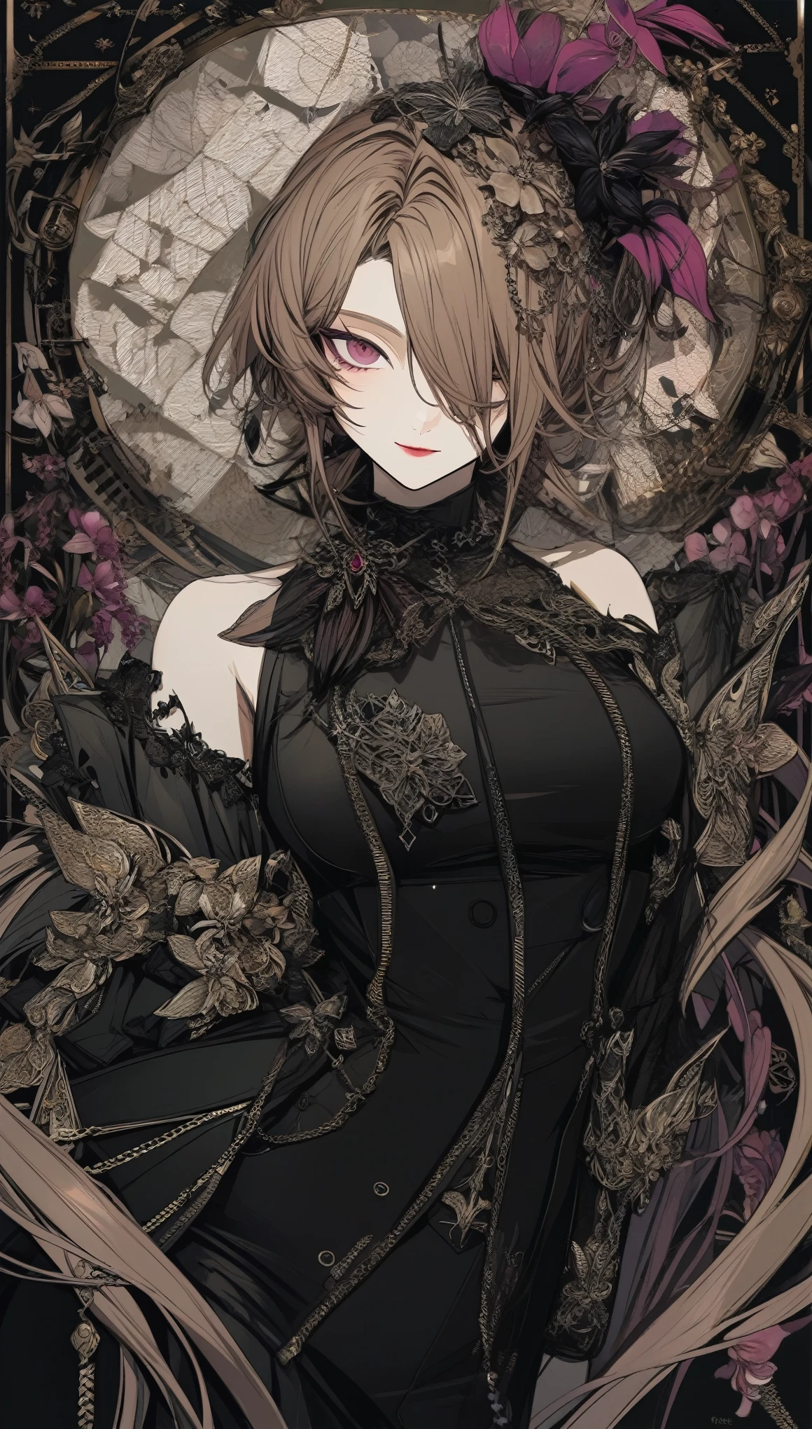 in style of Santiago Caruso,1 girl,orchid blooms cover the left eye