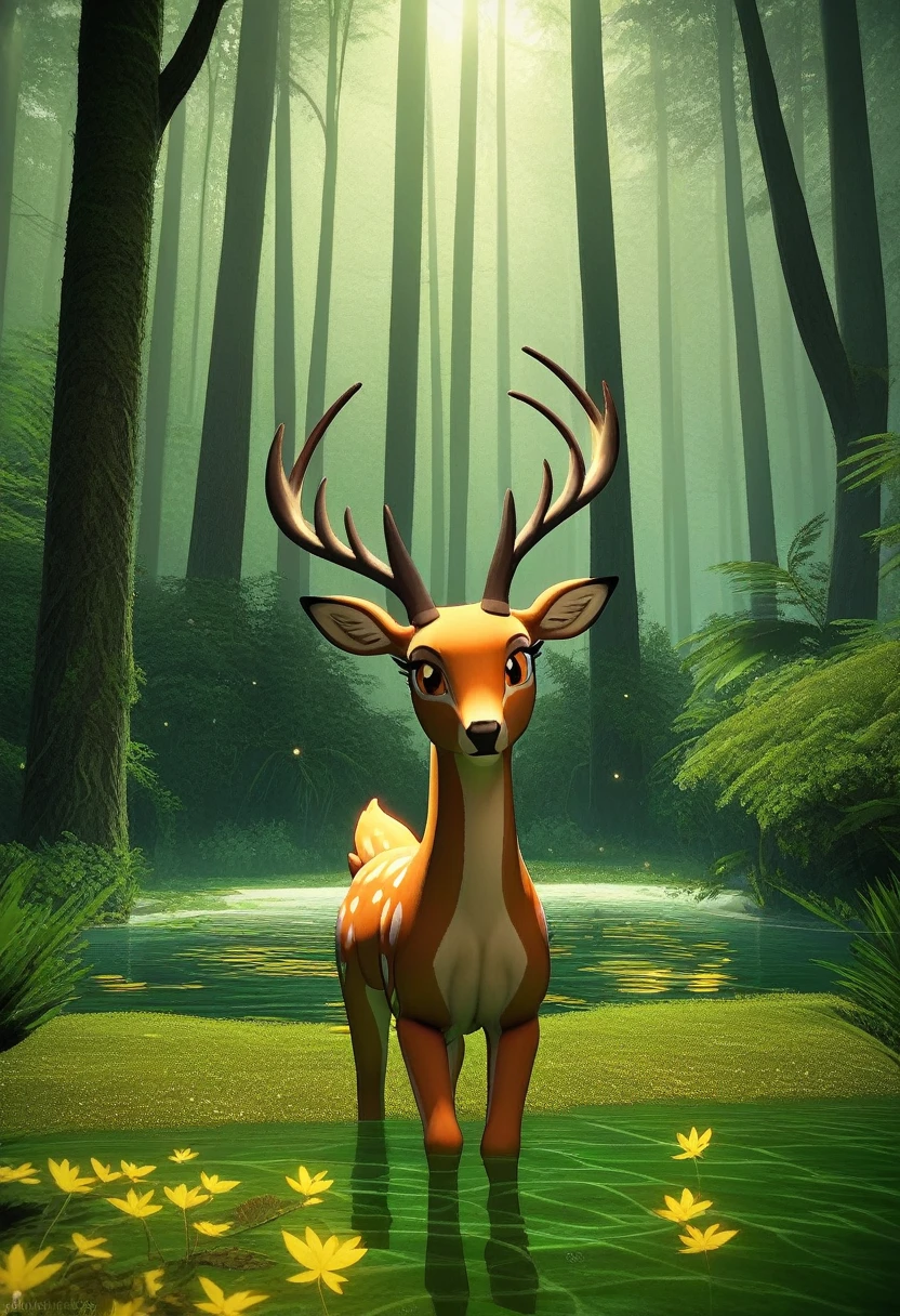 Masterpiece, best quality, (very detailed CG unity 8k wallpaper), (best quality), (best illustration), (best shadows), glow sprite, with a glowing deer, in the swimming pool Drinking water, natural elements in the forest theme. Mysterious forest, beautiful forest, nature, surrounded by flowers, delicate leaves and branches surrounded by fireflies (natural elements), (jungle theme), (leaves), (twigs), (fireflies), (particle effects) etc. 3D , Octane rendering, ray tracing, super detailed
